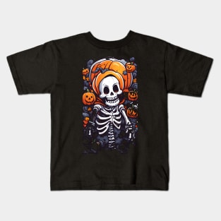 Happy Skeleton with Jack 'o Lanterns Kids T-Shirt